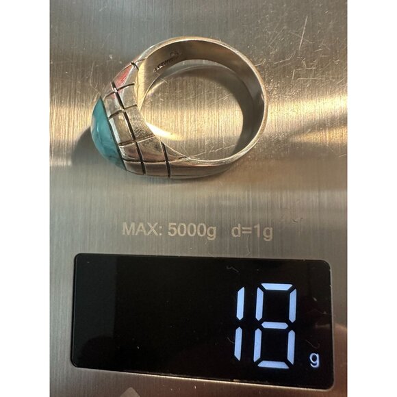 Sterling Silver Turquoise Stone Ring By Malesis Size 13 With Unique Grid Design - Picture 7 of 7